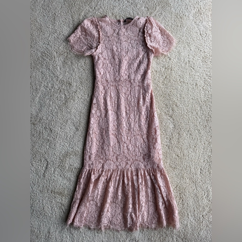 ZARA Pink Lace Midi Dress Mermaid Hem Puff Sleeve Romantic Size XS - Picture 2 of 7